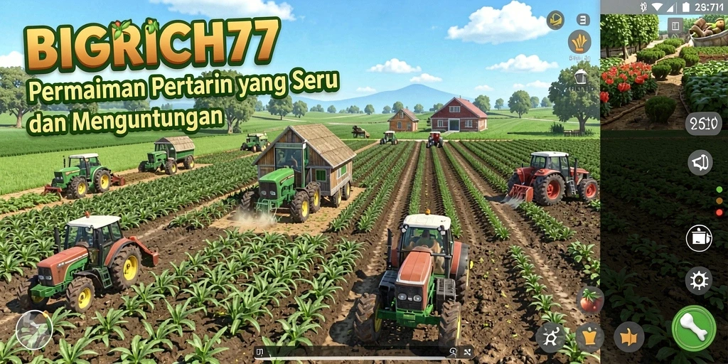 Screenshot gameplay BIGRICH77 yang menunjukkan ladang yang subur dan tanaman yang tumbuh.