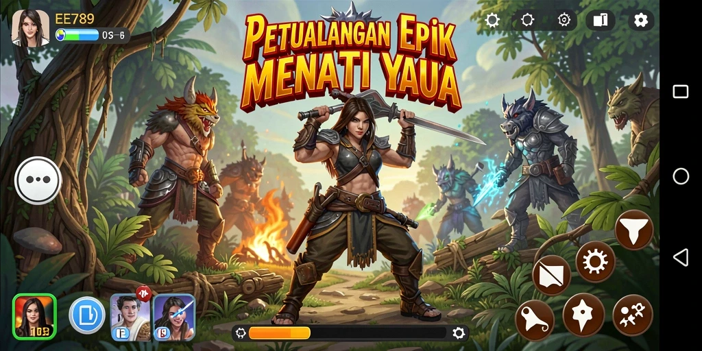 Screenshot gameplay EE789 dengan karakter menjelajahi dunia petualangan.