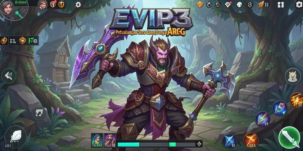 Screenshot gameplay EVIP3 menunjukkan pertempuran seru dalam dunia fantasi.