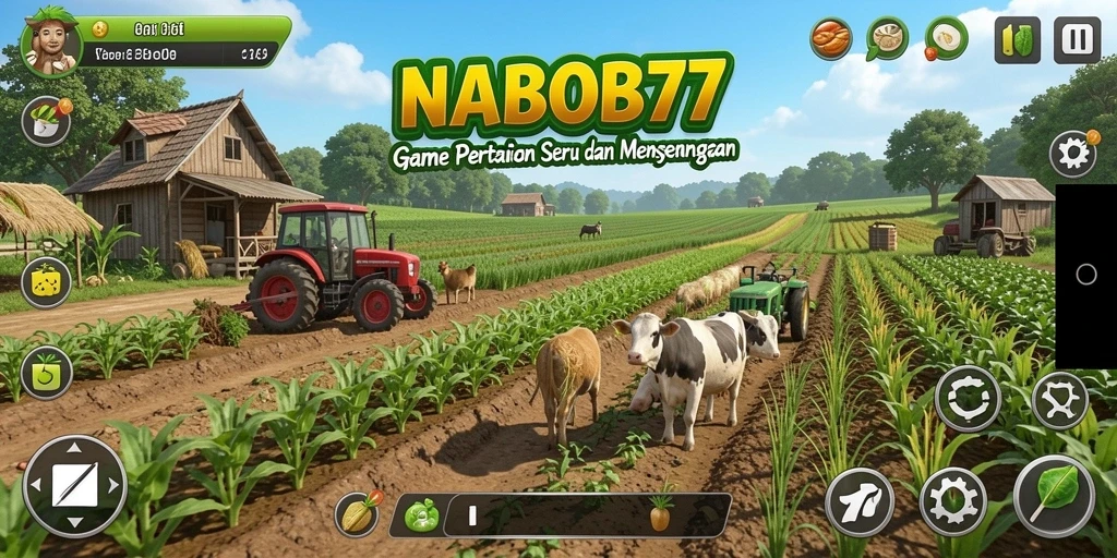 Tampilan gameplay menarik dari NABOB77 yang menampilkan ladang subur dan hewan ternak.