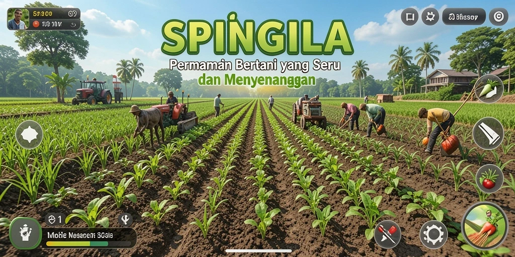 Screenshot utama SPINGILA menampilkan momen seru bertani dengan berbagai tanaman.